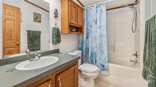 11745 T Rd, Rapid River, MI 49878 - bathroom with vanity, toilet, shower / bath combination with curtain, tile patterned flooring, and crown molding