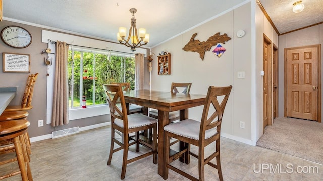 11745 T Rd, Rapid River, MI 49878 - dining area featuring crown molding, a chandelier, a textured ceiling, and baseboards