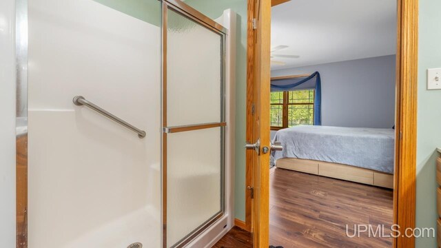 W5716 Warner Ln, Norway, MI 49870 - full bath with a stall shower, connected bathroom, wood finished floors, and a ceiling fan