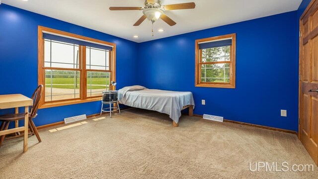 W5716 Warner Ln, Norway, MI 49870 - bedroom with carpet, baseboards, recessed lighting, and ceiling fan