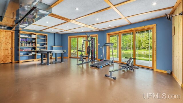 W5716 Warner Ln, Norway, MI 49870 - exercise area featuring recessed lighting, baseboards, and coffered ceiling