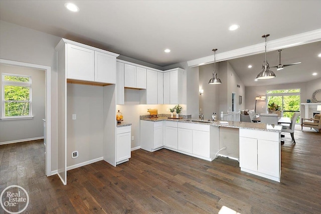 3091 Bridgewater Rd Unit # 28, Auburn Hills, MI 48326 - kitchen with a peninsula, open floor plan, light stone counters, dark wood-type flooring, and white cabinets