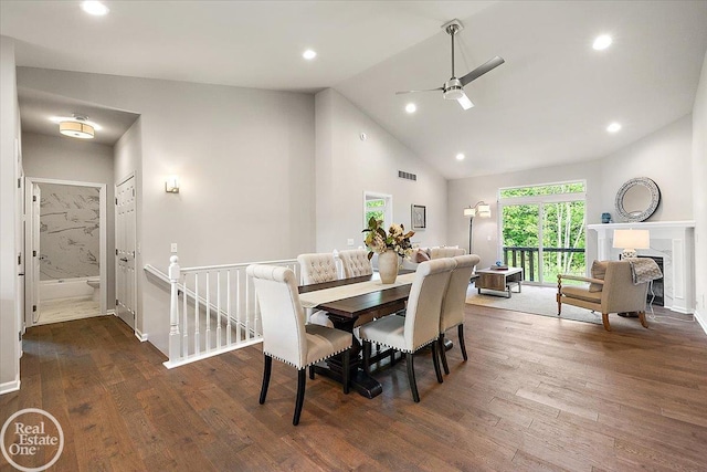 3091 Bridgewater Rd Unit # 28, Auburn Hills, MI 48326 - dining area featuring ceiling fan, wood finished floors, recessed lighting, high vaulted ceiling, and baseboards