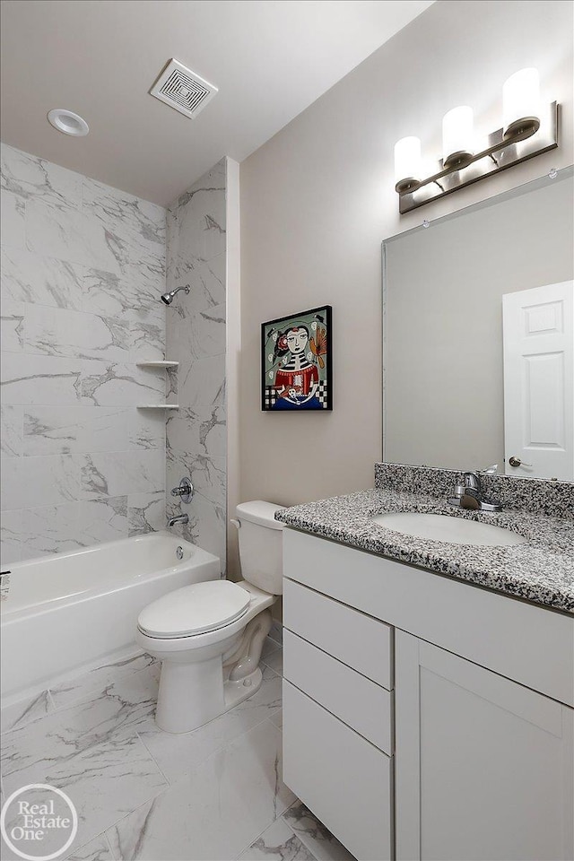 3091 Bridgewater Rd Unit # 28, Auburn Hills, MI 48326 - full bathroom featuring vanity, marble finish flooring, toilet, and shower / bath combination