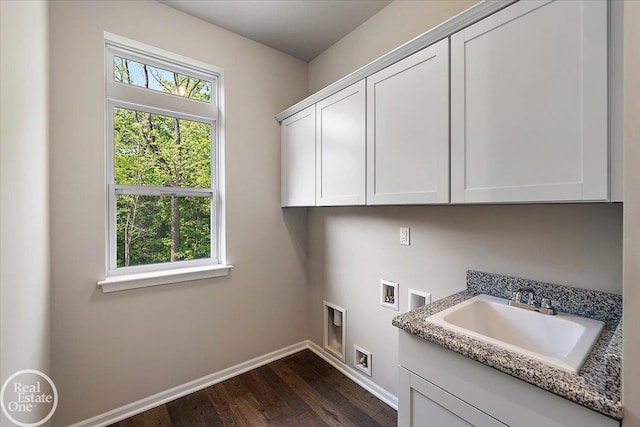 3091 Bridgewater Rd Unit # 28, Auburn Hills, MI 48326 - laundry room featuring cabinet space, washer hookup, dark wood-type flooring, baseboards, and hookup for an electric dryer