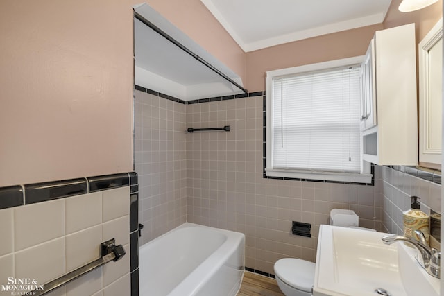 23016 California St, Saint Clair Shores, MI 48080 - bathroom with toilet, tile walls, shower / bath combination, and vanity