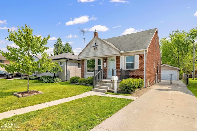 23016 California St, Saint Clair Shores, MI 48080 - bungalow featuring brick siding, a detached garage, a chimney, an outbuilding, and a gate