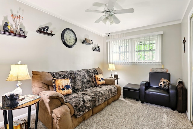 14810 28 Mile Rd, Washington, MI 48094 - living room with ceiling fan, crown molding, and carpet flooring