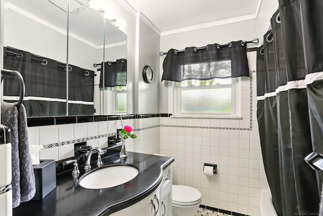 14810 28 Mile Rd, Washington, MI 48094 - full bath with tile walls, toilet, vanity, ornamental molding, and shower / bath combo with shower curtain