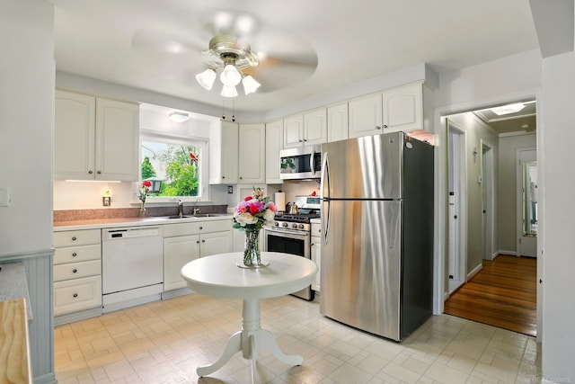 14810 28 Mile Rd, Washington, MI 48094 - kitchen featuring appliances with stainless steel finishes, a sink, a ceiling fan, white cabinets, and light countertops