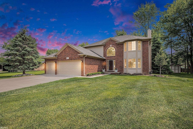 70226 Beebe St, Richmond, MI 48062 - traditional-style house featuring a garage, a chimney, a front lawn, brick siding, and driveway