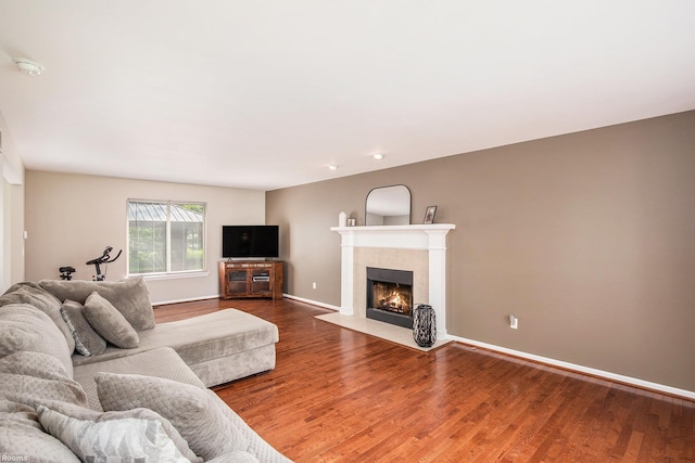 70226 Beebe St, Richmond, MI 48062 - living room featuring a tiled fireplace, wood finished floors, and baseboards