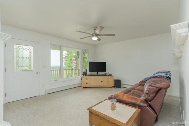 12826 Section 16 Rd, Watton, MI 49970 - living area with a baseboard radiator, ceiling fan, light carpet, and baseboards