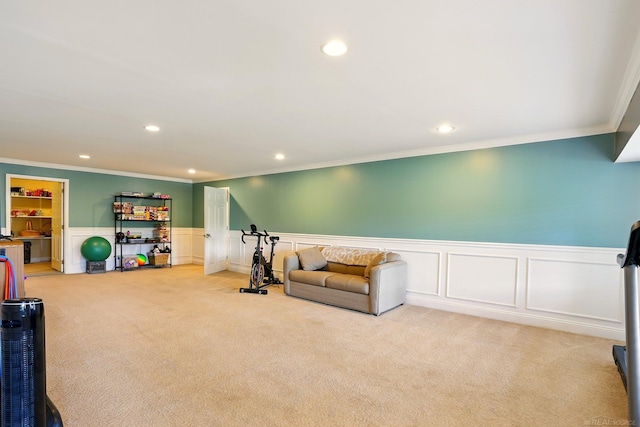 7859 Pine Ridge Dr, Clarkston, MI 48346 - exercise room featuring light carpet, wainscoting, crown molding, recessed lighting, and a decorative wall
