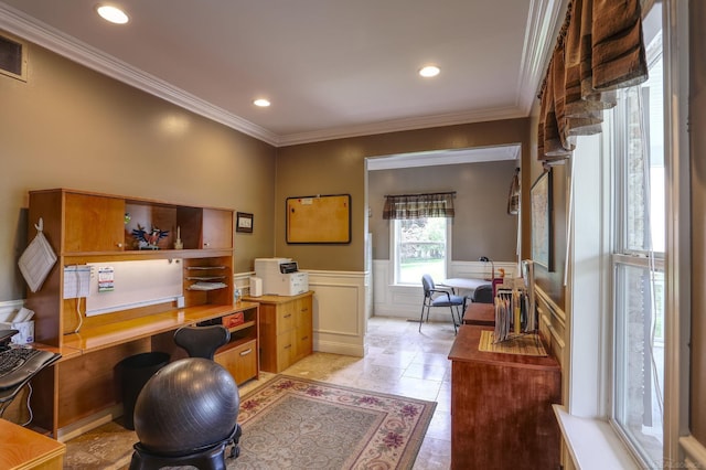 7859 Pine Ridge Dr, Clarkston, MI 48346 - office area with crown molding, a wainscoted wall, recessed lighting, built in desk, and a decorative wall