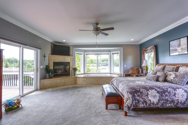 7859 Pine Ridge Dr, Clarkston, MI 48346 - bedroom with access to outside, crown molding, carpet, multiple windows, and recessed lighting