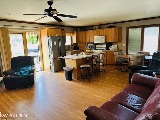 16754 Sarno Dr, Macomb, MI 48044 - living area featuring ornamental molding, light wood-type flooring, and ceiling fan
