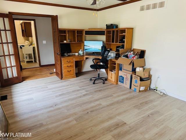 16754 Sarno Dr, Macomb, MI 48044 - office area with a ceiling fan, wood finished floors, ornamental molding, and baseboards