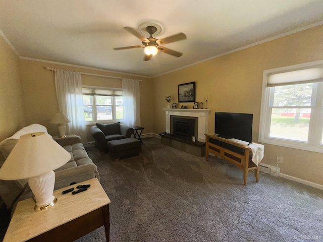 801 S Hemlock St, Iron Mountain, MI 49801 - living area featuring ornamental molding, carpet floors, a ceiling fan, baseboards, and a fireplace with raised hearth