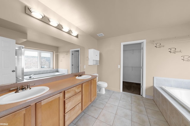 45259 Yorkshire Dr, Macomb, MI 48044 - full bathroom featuring a garden tub, toilet, double vanity, tile patterned floors, and a stall shower