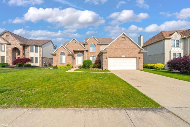 45259 Yorkshire Dr, Macomb, MI 48044 - view of front of property with concrete driveway, brick siding, a front yard, and a garage