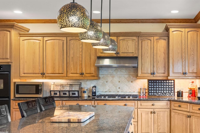 55733 Whitney Ct, Shelby Twp, MI 48315 - kitchen with under cabinet range hood, stainless steel appliances, dark stone countertops, decorative light fixtures, and tasteful backsplash