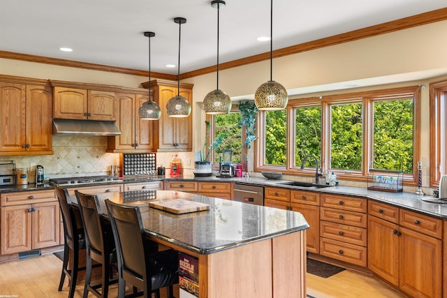 55733 Whitney Ct, Shelby Twp, MI 48315 - kitchen featuring under cabinet range hood, appliances with stainless steel finishes, crown molding, a center island, and tasteful backsplash