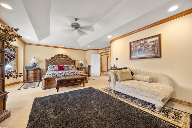 55733 Whitney Ct, Shelby Twp, MI 48315 - bedroom with a raised ceiling, light colored carpet, recessed lighting, ornamental molding, and a ceiling fan