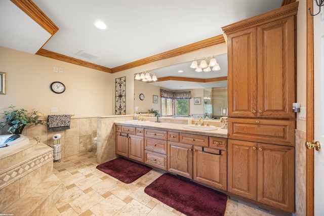 55733 Whitney Ct, Shelby Twp, MI 48315 - bathroom featuring double vanity, crown molding, stone tile flooring, a bath, and tile walls