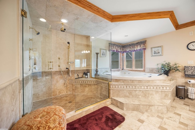 55733 Whitney Ct, Shelby Twp, MI 48315 - bathroom with a shower stall, a bath, and ornamental molding