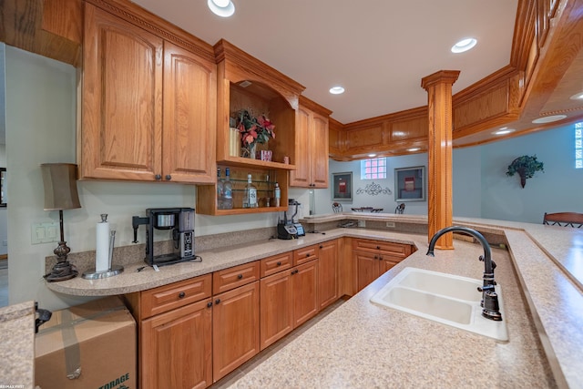 55733 Whitney Ct, Shelby Twp, MI 48315 - kitchen featuring light countertops, recessed lighting, open shelves, and brown cabinetry
