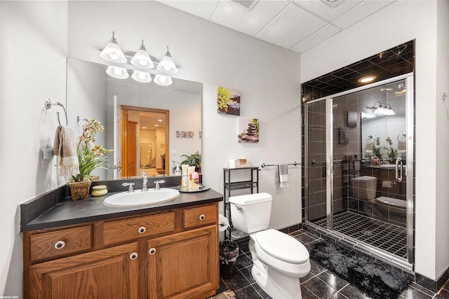 55733 Whitney Ct, Shelby Twp, MI 48315 - bathroom featuring vanity, a shower stall, and a paneled ceiling