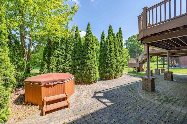55733 Whitney Ct, Shelby Twp, MI 48315 - view of patio featuring a hot tub, stairway, and a deck