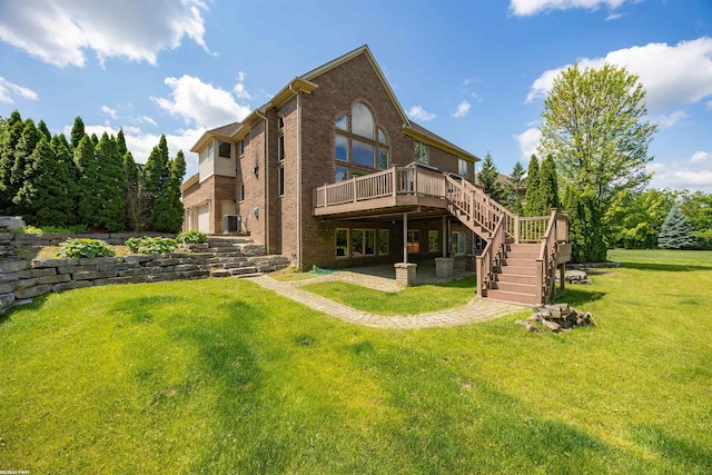 55733 Whitney Ct, Shelby Twp, MI 48315 - rear view of house featuring stairway, brick siding, a deck, and a yard