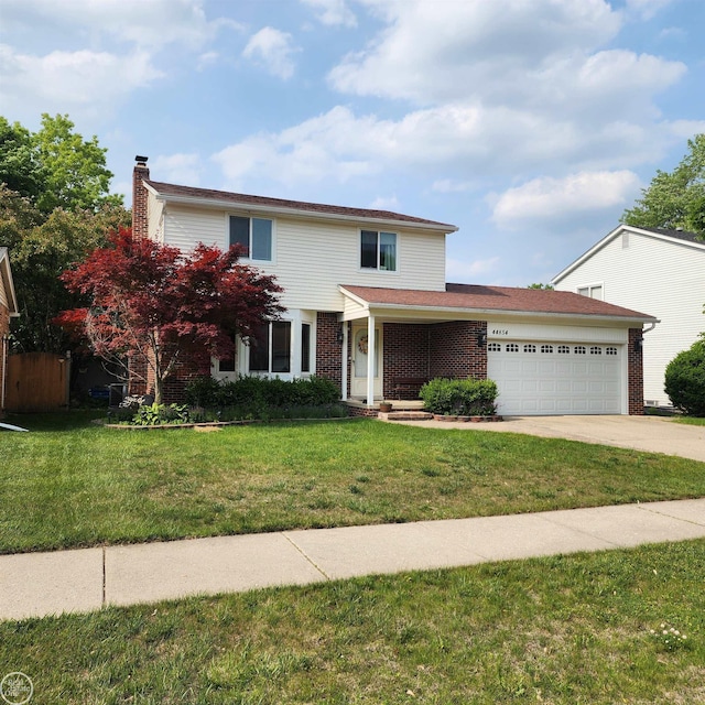 44854 Forest Trail Dr, Canton, MI 48187 - traditional-style house with an attached garage, a front lawn, driveway, a chimney, and brick siding