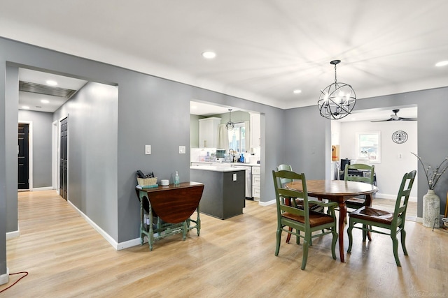 21629 Yale St, Saint Clair Shores, MI 48081 - dining room with a chandelier, ceiling fan, light wood-type flooring, recessed lighting, and healthy amount of natural light