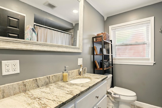 21629 Yale St, Saint Clair Shores, MI 48081 - full bath with crown molding, vanity, toilet, baseboards, and a shower with shower curtain