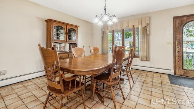 2119 S 21st Ave, Escanaba, MI 49829 - dining area with a baseboard heating unit, plenty of natural light, a chandelier, and light tile patterned floors
