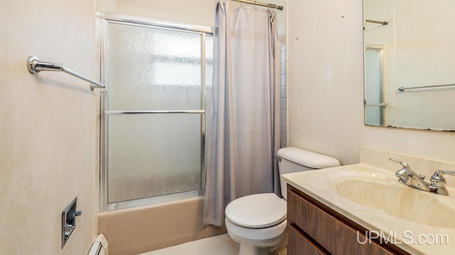 2119 S 21st Ave, Escanaba, MI 49829 - bathroom featuring toilet, vanity, bath / shower combo with glass door, and a baseboard radiator