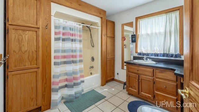 8102 W.5 Rd, Rapid River, MI 49878 - full bathroom featuring tile patterned floors, shower / bath combo with shower curtain, and vanity