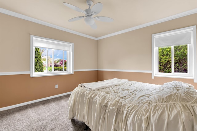 28316 Little Mack Ave, Saint Clair Shores, MI 48081 - bedroom featuring multiple windows, baseboards, carpet flooring, crown molding, and a ceiling fan