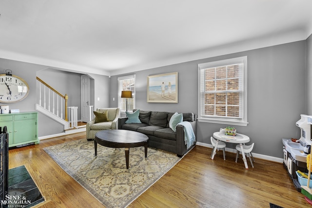 1984 Lancaster St, Grosse Pointe Woods, MI 48236 - living area with stairway, wood finished floors, and baseboards