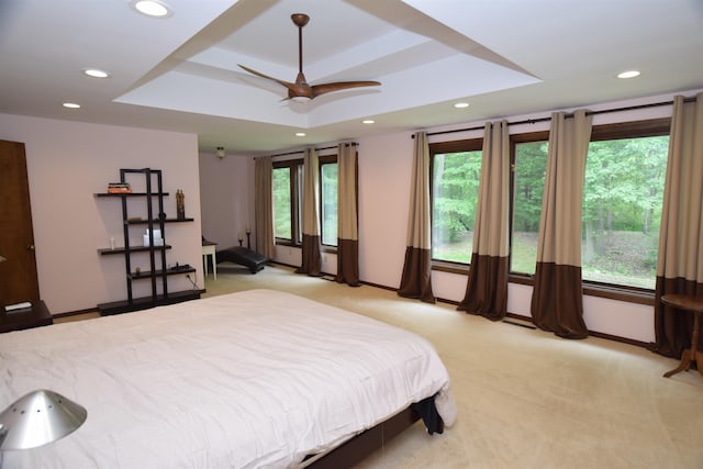 5400 Siebert St, Midland, MI 48640 - bedroom with light colored carpet, recessed lighting, multiple windows, a tray ceiling, and baseboards