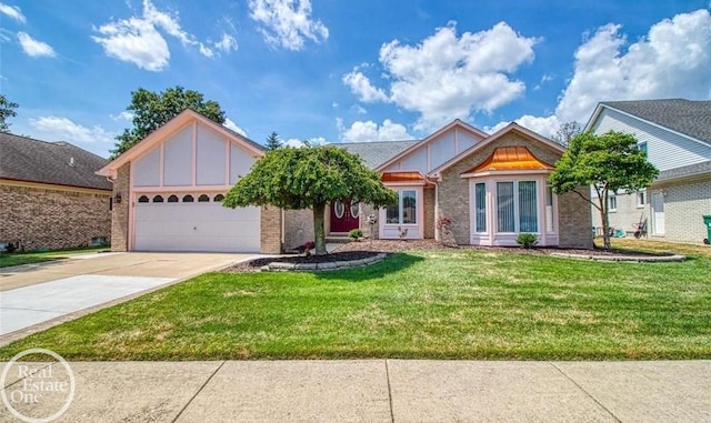 52225 Bryan Michael Dr, Macomb, MI 48042 - view of front of house featuring board and batten siding, concrete driveway, an attached garage, and brick siding