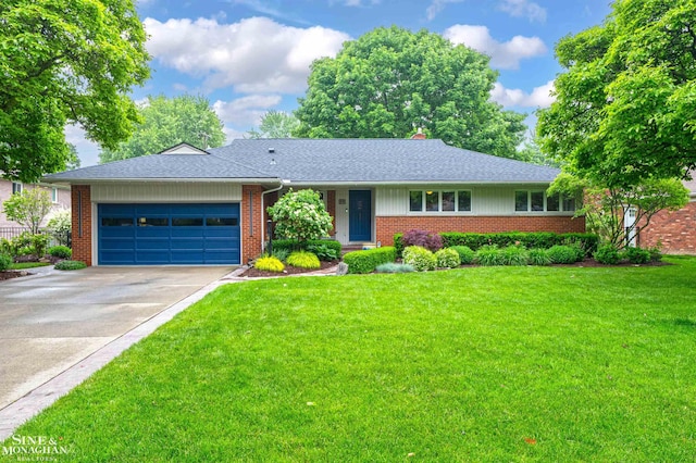 45 Crestwood Dr, Grosse Pointe Shores, MI 48236 - single story home with brick siding, a garage, concrete driveway, a front lawn, and a shingled roof