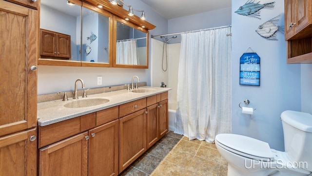 533 25th St, Gladstone, MI 49837 - bathroom with shower / bath combination with curtain, double vanity, and tile patterned floors