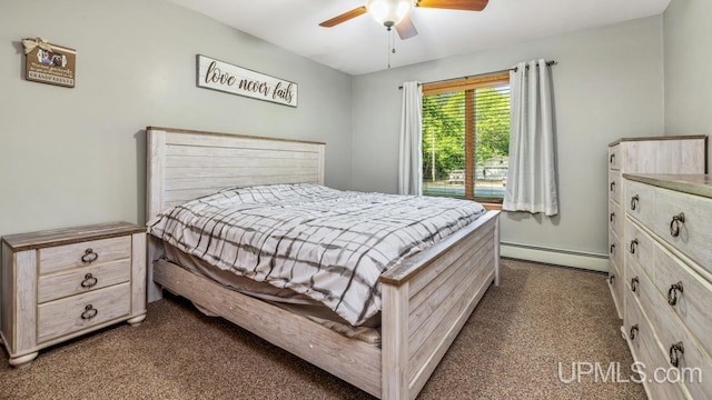 533 25th St, Gladstone, MI 49837 - bedroom featuring a baseboard radiator, dark carpet, and a ceiling fan