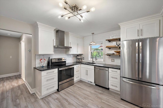 37738 Maplehill St, Harrison Twp, MI 48045 - kitchen with appliances with stainless steel finishes, wall chimney range hood, a chandelier, backsplash, and white cabinetry