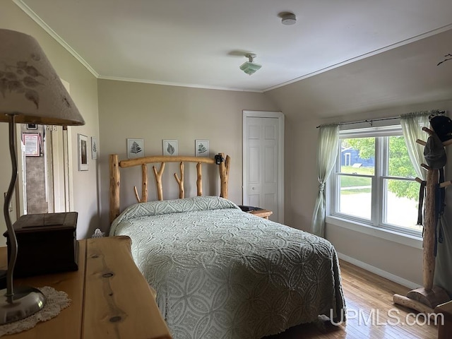 21988 E Everett Ave, Grand Marais, MI 49839 - bedroom with wood finished floors, lofted ceiling, crown molding, and a closet