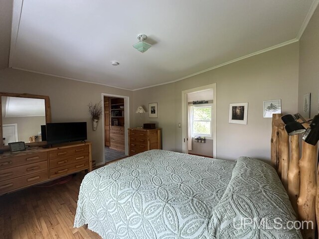 21988 E Everett Ave, Grand Marais, MI 49839 - bedroom with wood-type flooring, ornamental molding, a spacious closet, and a closet